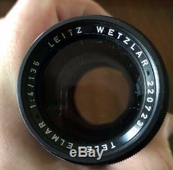 Leitz / Leica 135mm F/4 Tele-Elmar Black Lens M Mount with 12575 Shade Great